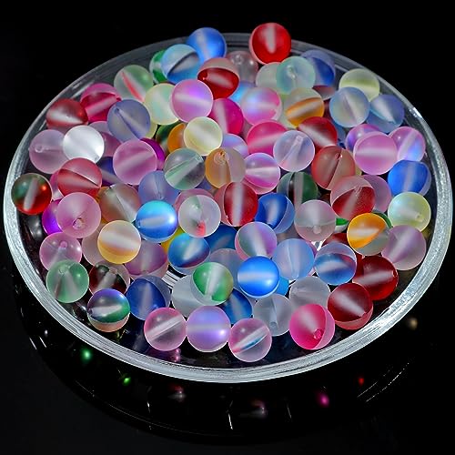 100Pcs Moonstone Matte Iridescent Glass Beads Aurora Frosted Glitter Beads for Bracelets DIY Jewelry Making (8MM, Matte Mixed) - color: Matte Mixed, size: 8MM