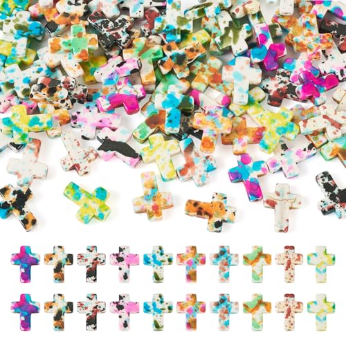 Beadthoven 100pcs Turquoise Cross Beads Watercolor Turquoise Stone Beads Mini Easter Faith Cross Bead Charms Colorful Religious Cross Chunky Beads for Bracelets Necklace Jewelry Making DIY - color: Colorful Turquoise