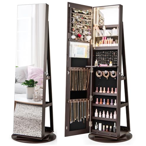 COSTWAY 360° Rotating Mirror Jewelry Armoire, Freestanding Jewelry Organizer w/ 3-Color LED Lights, Full-length Mirror with Jewelry Storage, Lockable Jewelry Cabinet for Bedroom, Cloakroom (Espresso) - color: Espresso