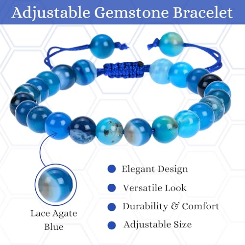 ANAYA AGATE Energy Protection Crystal Handmade Adjustable Bead Bracelet Perfect for Men, Women’s Christmas Gift - Gemstone Healing Stretch Bracelet Pulsera Para Hombre Mujer Stocking Stuffer - color: Lace Agate Blue