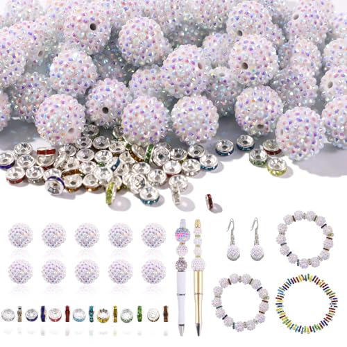 20mm Beads for Pens - 20 Pcs Rhinestone Beads and 220 Pcs Spacer Bead for Beadable Pens - Glitter Acrylic Bubblegum Round Bling Focal Bead for Bracelets - Beaded Pen Supplies (White) - color: White, size: 20mm