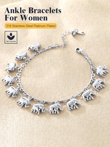 U7 Women Girls Barefoot Jewelry 18K Gold or Rose Gold Stainless Steel Heart/Rope/Figaro/Cuban Chain Anklet Foot Bracelet, 25-30 CM Long - color: Platinum Plated-Elephant Charm