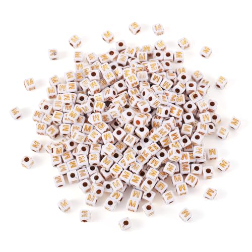 FASHEWELRY 500Pcs White Golden Letter Beads 4.5mm Square Alphabet Beads Acrylic Cube Letter M Beads for Friendship Bracelet Necklace Keychains Jewelry Making - color: Letter M