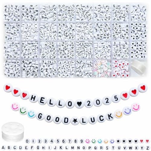 Looconi 1600pcs 31 Styles Acrylic Beads Letter Smiley Star Number and Heart Beads 7x4mm Black Alphabet on White for Jewelry Making - color: White