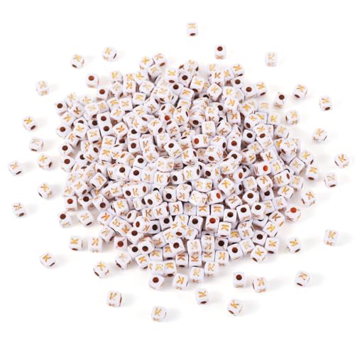FASHEWELRY 500Pcs White Golden Letter Beads 4.5mm Square Alphabet Beads Acrylic Cube Letter K Beads for Friendship Bracelet Necklace Keychains Jewelry Making - color: Letter K