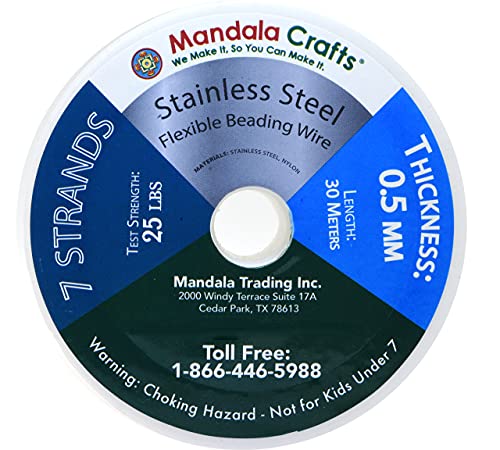 Mandala Crafts 7 Strand Beading Wire for Jewelry Making - 98 FT 24 Gauge Stainless Steel Braided Tiger Tail Wire for Bead Stringing - size: 7 Strands 24 Gauge 0.5MM 98FT