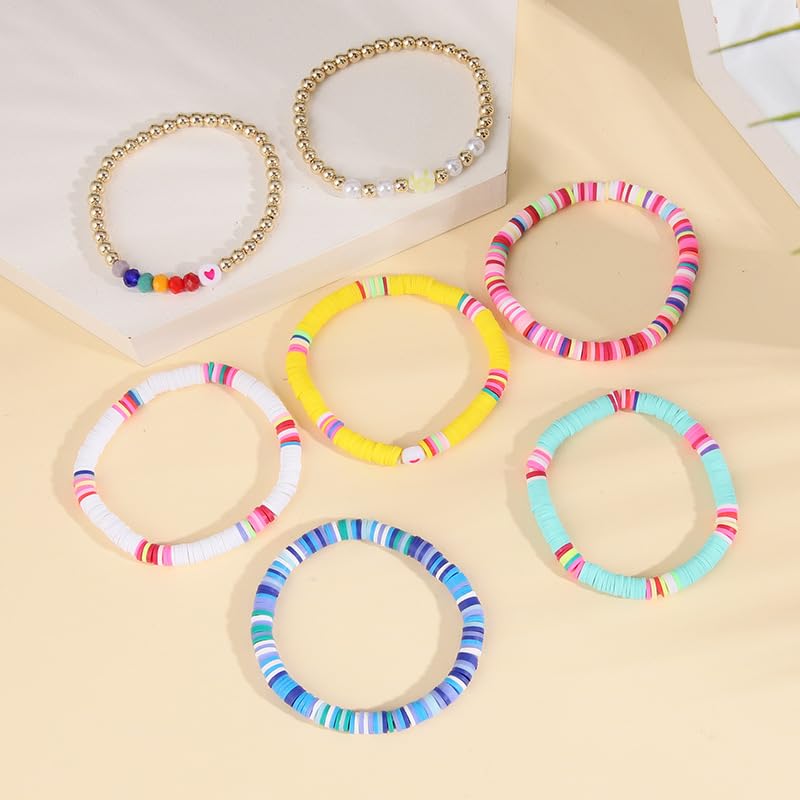 COLORFUL BLING 5-12Pcs Bohemian Love Heart Bead Bracelets for Women Vinyl Disc Heishi Surfer Stackable Stretch Bracelet Summer Beach Boho Jewelry - color: 7pcs half colorful
