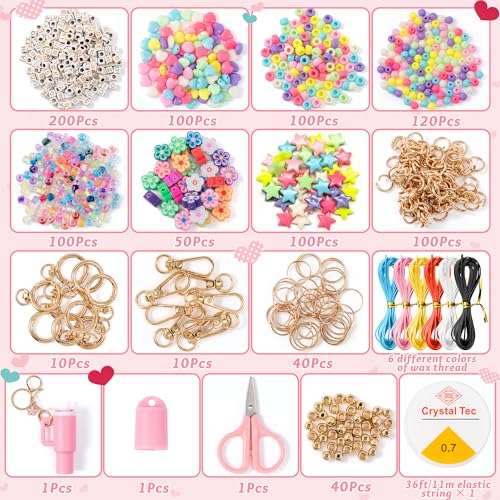 WATINC DIY Keychain Making Kit with Tools - 980PCS Craft Supplies with Charms, Alphabet Beads, Key Rings, Clips, Scissors to Make Bag Charms, Lip Gloss Organize Keychain, Jewelry Gifts for Teens