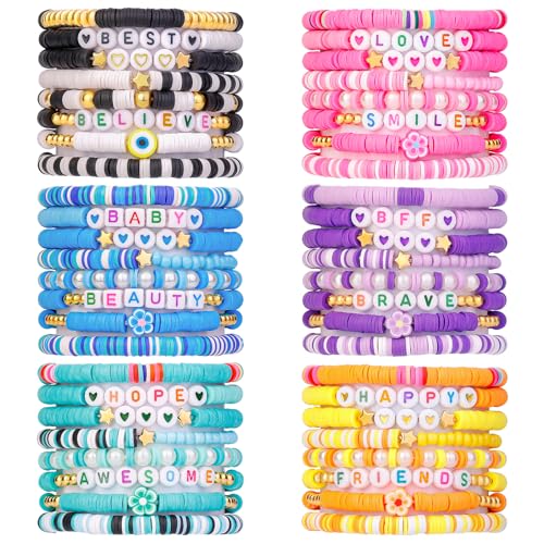 LUYI 32 Pcs Preppy Jewelry Bracelets for Women Clay Bead Colorful Surfer Heishi Bracelet Set Stackable Beaded Friendship Stretch Bracelets Boho Y2K Summer Beach Elastic Layering Bracelets - style: 48PCS-Bracelets