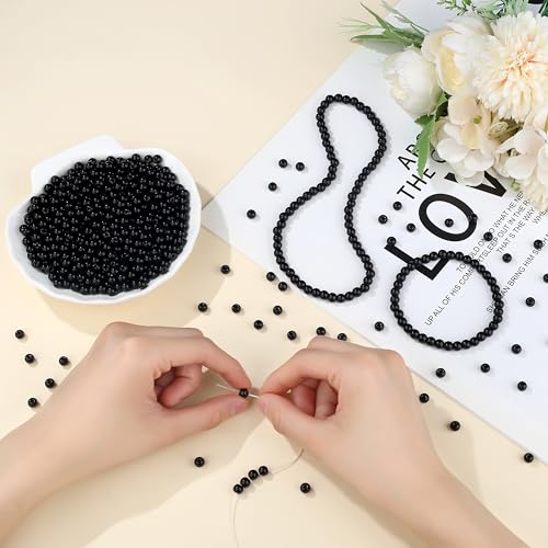 500Pcs Black Round Glass Beads for Bracelets and Necklaces, 6mm Beading Supplies Glass Crystal Beads for Bracelet DIY Crafts Making Kits Earring (Black) - color: Black