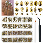 qiipii Old Golden Nail Rhinestones 120 Multi Shapes Flatback Gems K9 Glass Stones Metallic Gold Round Beads Diamonds Jewels Crystals w Pick Pen Charms for Nails Faces Eyes Makeup Crafts Clothes Shoes - color: Metallic Golden, size: A Set