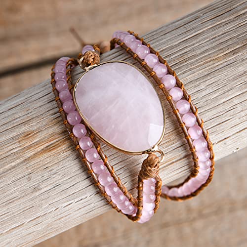YGLINE Women Boho Handmade Natural Stone Crystal Leather Bead Wrap Bracelets Collection - color: Rose Quartz-3w
