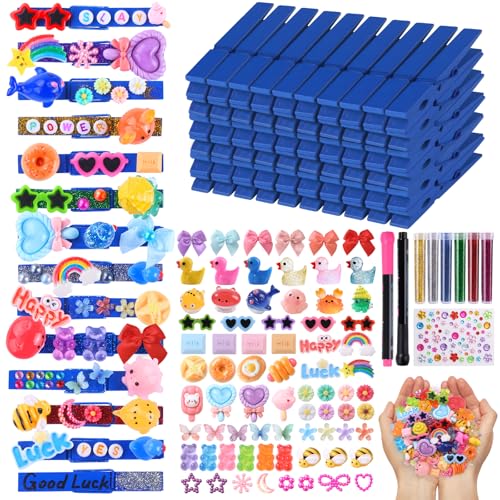 JOICEE 80 Set Cheer Pins Spirit Clips,80 Clothes Pins 126 Mini Resin Animals Bows Daisy and Stickers Pen Over 300 Beads Pearls for Cheerleading Backpacks Ribbon Team Classroom Cheer Gifts Bulk(Blue) - color: Blue