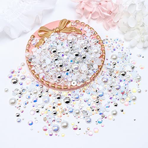 Towner 60g Mixed Pearls and Rhinestones, Flatback Rhinestones and Pearls for Crafts Tumblers Shoes Nails Face Art, 2-10mm Mixed Sizes, White|Silver|Clear - color: In the Clouds Blend | Mix White | Silver | Clear