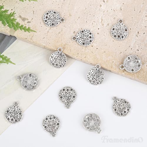 Framendino, Round Flat Seashell Charms Antique Metal Starfish Linking Charm Tibetan Sand Dollar Pendant for Jewelry Making - color: 100 Pack, size: Small