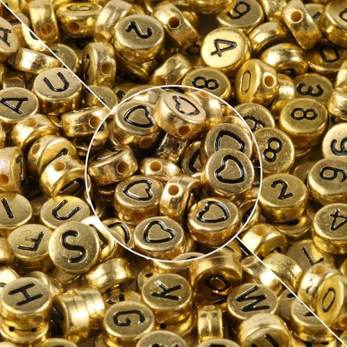 Yochus 1000pcs Gold Letter Beads for Bracelets, 4x7mm Black Alphabet A-Z Beads Friendship Bracelets Jewelry Making Kit Earring Bracelet Making Kit for Teen Gifts - color: Gold/Black Letter&Number&Heart, size: 4x7mm