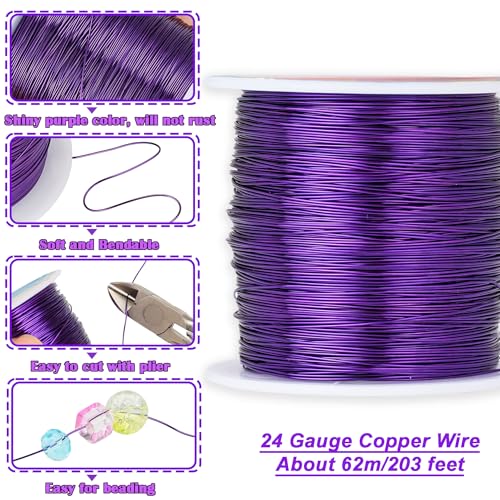 203 Feet Tarnish Resistant Copper Wires 24 Gauge/0.5mm Jewelry Craft Wires Beading Wire for Jewelry Making, Wire Wrapping and Crafting (Purple) - color: Purple, size: 24 Gauge