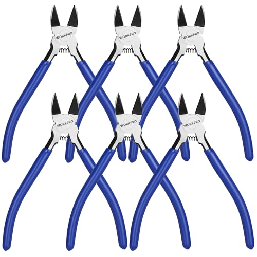 WORKPRO 6 Pack Wire Cutters, 6 Inch Precision Flush Cutters, Spring Loaded Side Cutting Pliers, Sharp Diagonal Cutters for Crafts, Jewelry Making, Electronics