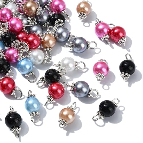 Ipotkitt 100 Pcs Colorful Pearlized Glass Pearl Charms Two Hole Round Links Charms End Drop Bead Connectors for DIY Jewelry Making - color: 100pcs-Glass Pearl Links-17x8mm