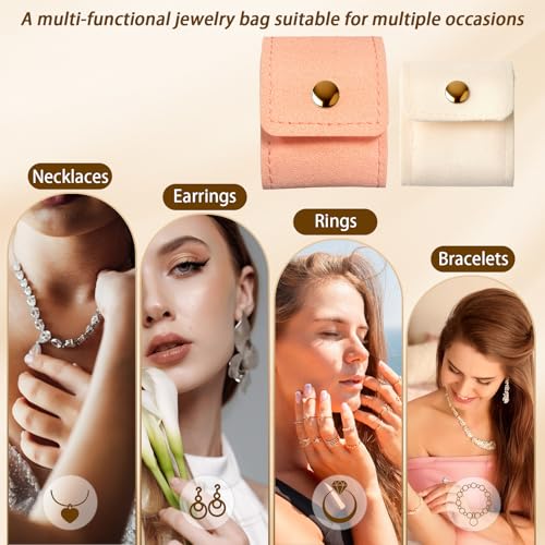 2 Pcs Mini Travel Jewelry Bag, Portable Foldable Small Jewelry Organizer with Snap Button, Compact Jewelry Case for Earrings Rings Necklaces - Lightweight Jewelry Storage Organizer, White, Pink