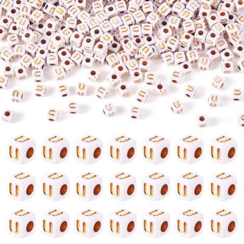 FASHEWELRY 500Pcs White Golden Letter Beads 4.5mm Square Alphabet Beads Acrylic Cube Letter U Beads for Friendship Bracelet Necklace Keychains Jewelry Making - color: Letter U