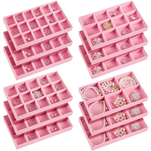 Junkin 12 Pcs Jewelry Tray Velvet Stackable Jewelry Organizer Trays Divided Earring Accessories Storage Containers Box (Rose Red) - color: Pink