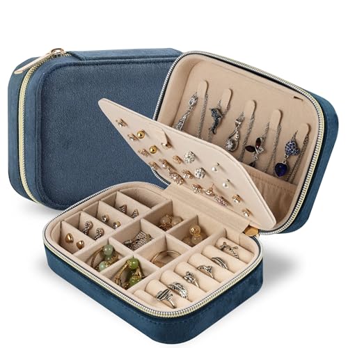 Dajasan Velvet Jewelry Travel Case, Small Travel Jewelry Box, Portable Travel Jewelry Organizer Box for Earrings Bracelets Rings Necklace (Blue) - color: Navy Blue, size: Medium