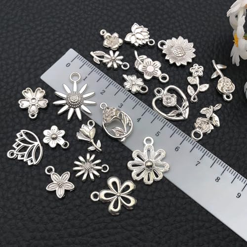 WOCRAFT 60pcs Bright Silver Flowers Bracelet Charms for Jewelry Making Sets DIY Necklace Bracelet Keychain Crafting Charms Kit Craft Supplies (SN879) - color: Bright Silver, size: Flowers Charms