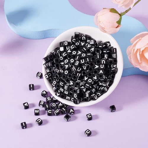 FASHEWELRY 500Pcs Square Vowel Letter Beads 6mm Black Friendship Bracelet Letter Beads A/E/I/O/U Acrylic Cube Initial Alphabet Beads for Necklace Earring Jewelry Making - color: 6mm Vowel Letters