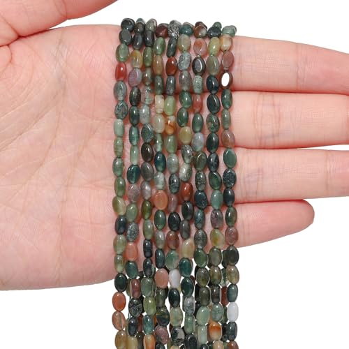70pcs Natural Indian Agate Stone Beads，4x6mm Egg Shape Loose Gemstone Beads for Jewelry Making Design Earring Necklace - color: Indian agate