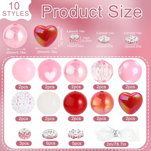 35 Pcs 20mm Chunky Bubblegum Beads Focal Pen Large Rhinestone Pearl Bead with Rhinestone Large Hole European Spacer Beads for DIY Beadable Pen Keychain Jewelry Craft Making(Pink Heart) - color: Pink Heart
