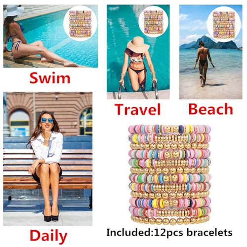 12pcs Friendship Bracelets Beaded Bracelets Heishi Bracelet Cute Bracelets Stack Vinyl Clay Disc Bead Surfer Stretch Summer Beach Bracelets For Women Preppy Bracelets - color: B-2 color