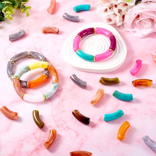 Spritewelry 30 pcs Acrylic Curved Tube Beads Two Tone Chunky Bangle Bamboo Tube Beads Imitation Gemstone Curved Bracelet Beads for Jewelry Making DIY Crafts - color: Orange-Opaque