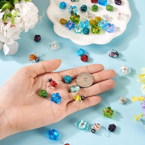 Beadthoven 45pcs Flower Bee Handmade Lampwork Glass Beads 3D Honeybee Rose Floral Glass Bead Charm Spring Summer Bumpy Murano Beads for DIY Earring Bracelet Necklace Jewelry Making - color: Bee Flower
