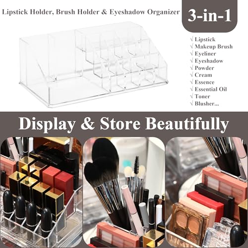 Sea Team 16-Slot Acrylic Plastic Lipstick Organizer, Clear Lipstick Holder, Makeup Storage Box, Cosmetic Display Case for Lippie, Lip Gloss, Eye Liner, Eyebrow Pencil, Nail Polish, Essence, Brush - size: 16 Lipstick Slots
