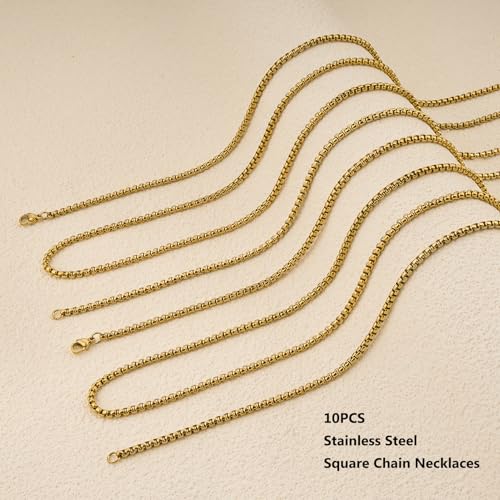 YOUBEIYEE 10PCS Gold Plated Stainless Steel Necklace Chains Bulk Square Rolo Chain for Jewelry Making (16inch) - color: Gold 16"