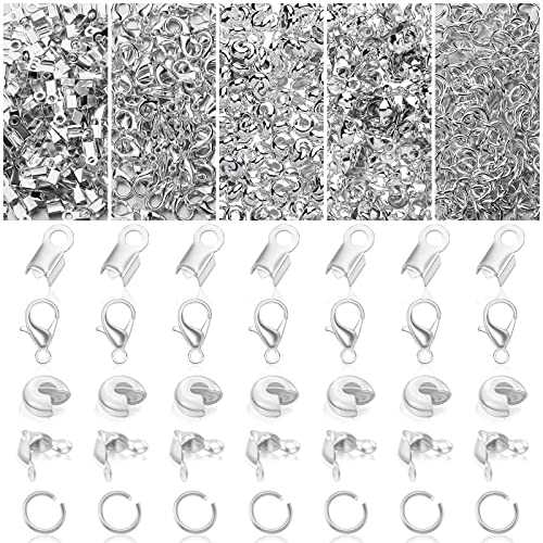 880 Pieces Jewelry Making Accessories Set Include 80 Lobster Clasps 200 Bead Knot Covers 200 Crimp Cover 200 Crimp End Tip and 200 Jump Ring Connectors for DIY Crafts Bracelet Jewelry Supplies, Silver
