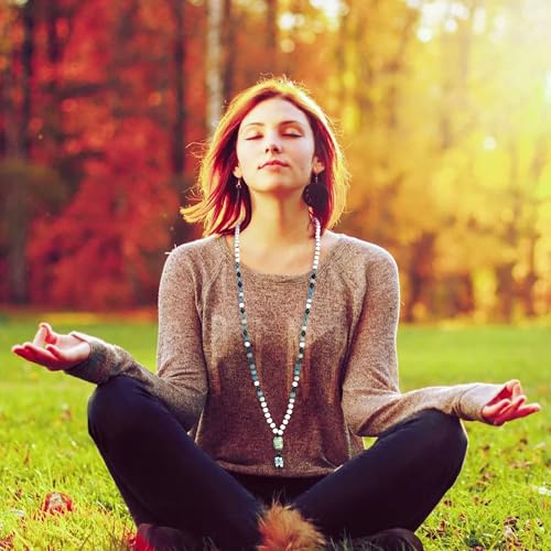 108 Mala Beads Genuine Semi-Precious Gemstone Hand Knotted 8MM Prayer Beads Long Multicolor Necklace 40 Inches - style: peace