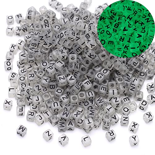 1000Pcs Luminous Square Letter Beads Glow in The Dark Cube Beads Glow Letter Bead Acrylic Luminous Alphabet Bead for Jewelry Making Bracelets Necklaces Key Chains - color: Glow-black(6mm)