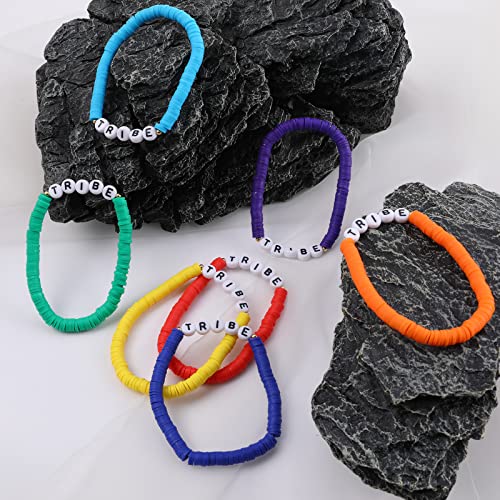 Rainbow Heishi Surfer Bracelets Set for Women Stackable Clay Beaded Bracelets Disc Stretch Preppy Bracelets Layering Colorful Friendship Bracelets Team Cheer Bulk Boho Summer Beach Jewelry Gift - style: TRIBE