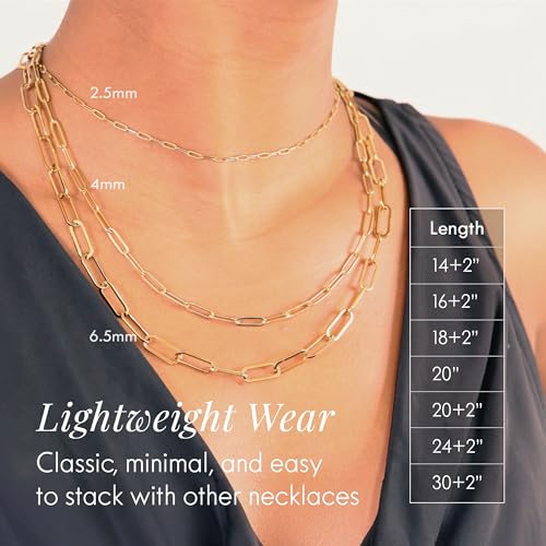 Destin Jewelry Paperclip Chain Necklace for Women, Waterproof 18K Gold Plated Stainless Steel, Hypoallergenic, Adjustable Layering Chain, Tarnish-Resistant, 2.5–6.5mm - color: 18K Yellow Gold Plated Stainless Steel, size: 24"+ 2", style: 2.5 MM