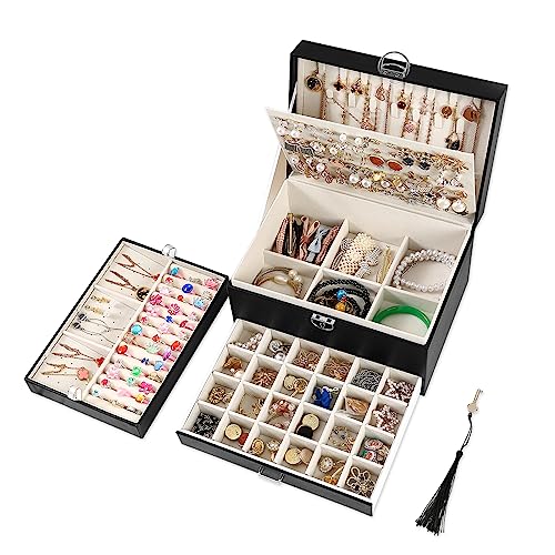 BOOVO Earring Jewelry Box For Women Girl Stud Organizer, 5 Layers Girl Jewelry Organizer Box With Lock Earring Holder Organizer Necklace Ring Jewelry Organizer Box For Girls (Black) - color: Black, size: 5 Layer