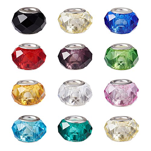 Beadthoven 100pcs Handmade Lampwork European Large Hole Beads with Silver Tone Brass Cores Mixed Color Rondelle Transparent Glass Assorted Jewelry Beading Finding Supplies Handmade Crafts Accessories - color: Crystal Mixed Color