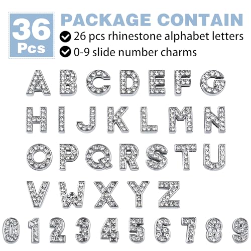 AUEAR, 36 Pack Silver 8mm Full Rhinestone Slide Charms Alloy Letter Crystal A-Z Alphabet with 0-9 Numbers for Bracelets Wristbands DIY Jewelry Making - color: Silver, size: 36 Pack
