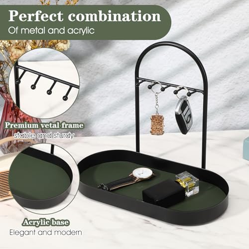 MAQUITA Key Holder Tray & Jewelry Organizer Stand with Acrylic Base, Key Stand and Jewelry Tray with 5 Hooks