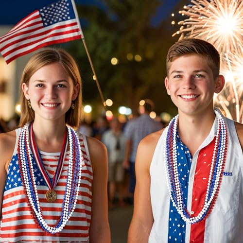 Huskein 100 PCS 4th of July Beads, 33" Patriotic Beads Necklaces Bulk, Red White Blue Necklace Bulk, Independence Day Party Parade Accessories Set for Memorial Day Fourth of July Party Supplies - color: RedWhiteBlue