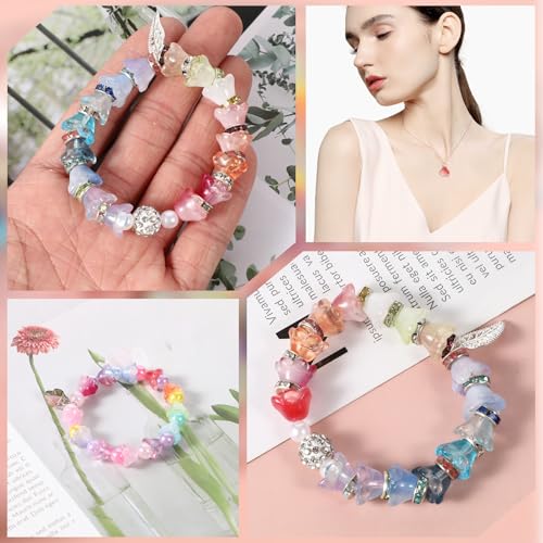 100pcs Glass Bellflower Beads Mixed Color Trumpet Flower Beads Gradient Clear Cute Bead Loose Aesthetic for Jewelry Making DIY Necklace Crafts