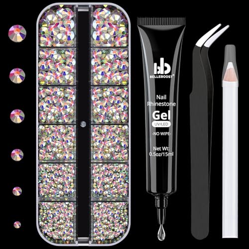 BELLEBOOST Nail Art Rhinestone Glue Gel&1 Box Flatback Gems Kit, 1 Tube of 15ml Rhinestone Gel Glue(UV/LED Needed)+Crystal AB Gems with Pickup Tools - color: A07-AB