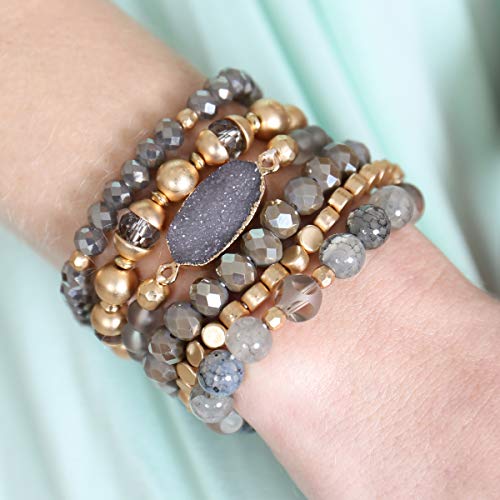 RIAH FASHION Bohemian Acrylic Druzy Multi-Layer Bead Statement Bracelet - Versatile Faux Stone Pendant Stretch Strand Stackable Cuff Bangle Set Sparkly Crystal - color: Bohemian Oval Druzy Set - Light Gray