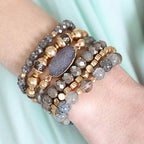 RIAH FASHION Bohemian Acrylic Druzy Multi-Layer Bead Statement Bracelet - Versatile Faux Stone Pendant Stretch Strand Stackable Cuff Bangle Set Sparkly Crystal - color: Bohemian Oval Druzy Set - Light Gray